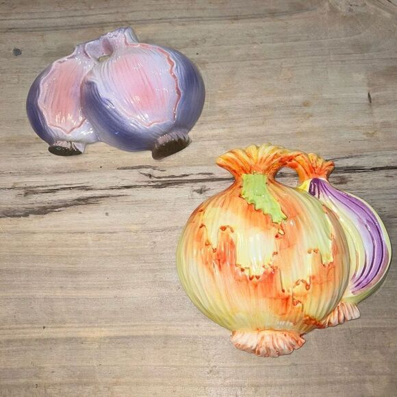 Vintage Ceramic 3D Veggie And Fruit Wall Hanging Decorations set 2 Grandmacore - Picture 1 of 8